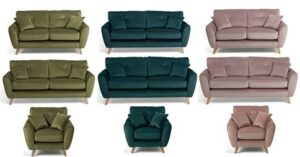 Fabric Sofas in green, teal and pink