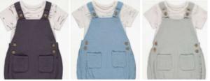 This image shows a babywear 2 piece short dungaree set in three different colours, charcoal, green and turquoise.