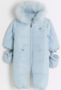 This image shows a baby boys blue quilted snowsuit.