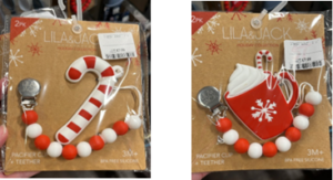 This image shows 2 Christmas lila & jack baby pacifier clips with teethers.