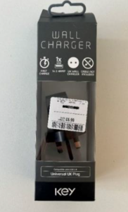 This image shows a black wall charger (Universal UK Plug) key.