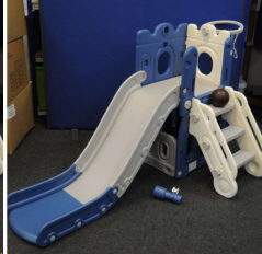 This images shows a blue and white kids slide.