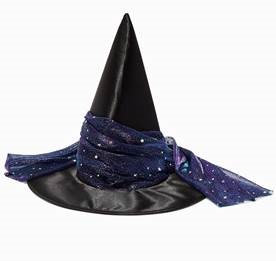 A child's Halloween black witches hat with a purple ribbon