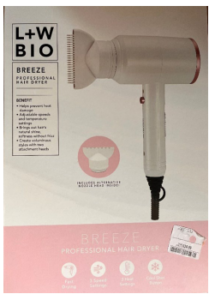 This image shows a white L+W BIO BREEZE hairdryer.