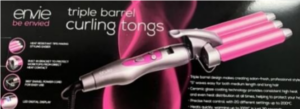 A pink and silver heated curling tongs with a triple barrel featured shape