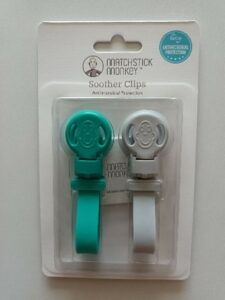 two Soother clips in blue and grey