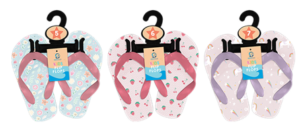 Children's pattern flip flops in blue pink and purple