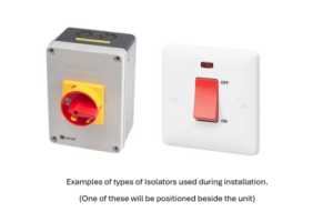An image of two isolators. The text below the this image states: Examples of types of isolators used during installation. And then in brackets below this it states: One of them will be positioned beside the unit.