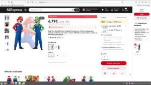 Online purchase page on Aliexpress showing two children in the Mario costumes: one wearing a red and blue costume, the other wearing a green and blue costume. The price of 6.79 euro is also shown on the purchase page.