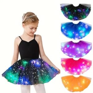 An image of a child wearing the LED sparkly tutu in a green, blue, and black colour. To the right hand side of this image, there are five images of the LED tutu in different colours.
