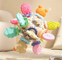 Vibrant baby rattle toy featuring playful animal shapes and textures