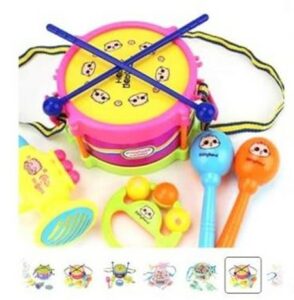 A group of children's toy instruments, including drum and shakers.