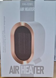 A photo of the boxed product with XH-1201 and Air Heater above image of product on the box with Air Heater in large font at the bottom of the product image.