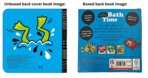 Image of unboxed back cover of book side by side with boxed back of book. The images are mainly blue in colour.