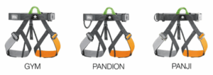 An image of the three Petzl harnesses with GYM, PANDION and PANJI separately under the harnesses.