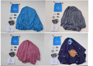 A collage of four product sets arranged in a grid. Each set includes a blue drawstring bag labeled "Sleep Pod," an instruction manual, two black straps, and several small components. The main item in each set is a large fabric piece in a different color: blue (top left), gray (top right), pink (bottom left), and dark blue with a space-themed design featuring planets and stars (bottom right).