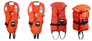 The image displays four different Helly Hansen lifejackets side by side against a white background. Each lifejacket is orange with reflective elements and black straps. The first is a vest-style lifejacket with reflective shoulder strips and a black HH logo on a front pocket. The second is another vest-style lifejacket with similar reflective strips and a front HH logo. The third lifejacket features a high collar for neck support, reflective patches on the collar, and two black waist straps. The fourth lifejacket includes a large head-support collar, reflective patches on both sides, and two adjustable black waist straps.