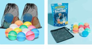 Two mesh bags of colourful reusable water balloons, with packaging and loose balloons displayed beside them