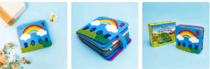 Colourful children's fabric book shown open, closed, and with packaging featuring a park scene.