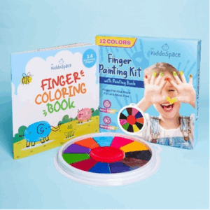 A collage of children's art supplies arranged in a grid. The set includes a "Finger Coloring Book" with colorful illustrations of animals and nature, a "Finger Painting Kit with Painting Book" featuring a child (face blurred) holding up painted hands, and a circular palette with twelve different paint colors arranged in segments.