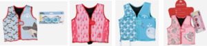 Childrens swim vest in Blue shark pattern with matching goggles, Pink flamingo pattern, Blue whale pattern, Pink unicorn pattern with matching goggles