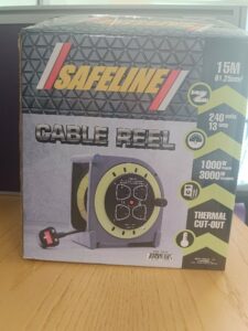Cable Reel in packaging box with four Irish/UK Plug sockets and two USB ports 