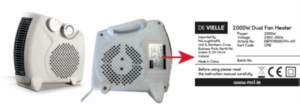 A white stand heater with two controls and vents on each side, shown in two different angles. A close up of identification information which is placed on the side of the heater.