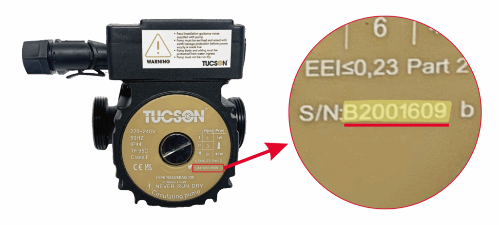 Image of the front of a Tucson circulating pump showing a circular gold label. Beside it is a close-up of the area where the serial number can be read.