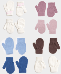 Eight pairs of baby mittens arranged in two rows on a light background. The mittens vary in color: white with pink cuffs, plain white, light purple, dark purple, light blue, dark blue, cream, and dark brown. Each pair features ribbed cuffs for a snug fit