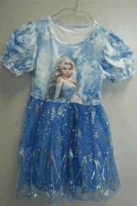 A child-sized costume dress inspired by the Frozen movie theme. The dress has short puffed sleeves and a light blue bodice with a printed image of a character wearing a blue gown. The skirt is dark blue with a sheer overlay decorated with silver snowflake patterns and glittery accents. The dress is displayed on a clear plastic hanger against a plain background.