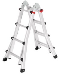 Silver 4 rung telescopic ladder with black feet and red locking mechanisms, branded PROTEKK.