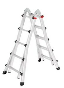 Silver 5 rung telescopic ladder with black feet and red locking mechanisms, branded PROTEKK.