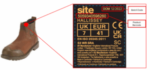 Brown safety work boot with a close-up of its product label showing size and barcode