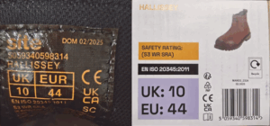 Safety boot label and box showing size UK 10 / EU 44, safety rating S3 WR SRA, and EN ISO 20345:2011 compliance
