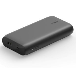 A black belkin USB C power bank