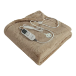 A folded beige electric blanket with a white wired controller placed on top. The controller has a digital display and several buttons for power and temperature adjustment.