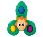 A colorful fidget spinner-style toy with three teal arms shaped like leaves. Each arm has a pop bubble in different colors: purple, orange, and green. At the center is a monkey face with orange hair and a smiling expression.