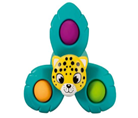 A colorful fidget spinner-style toy with three teal arms shaped like leaves. Each arm has a pop bubble in different colors: purple, orange, and green. At the center is a yellow leopard face with black spots and a smiling expression.
