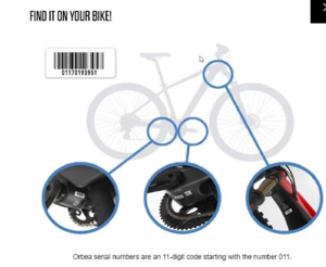 A graphic showing where to find the serial number on an Orbea bicycle. A faint outline of a bike is displayed in the background, with three blue circles pointing to possible serial‑number locations: underneath the bottom bracket, near the crank area, and on the front of the frame near the head tube. A barcode with the sample number “01170193951” appears at the top. Text below states that Orbea serial numbers are 11‑digit codes starting with 011.