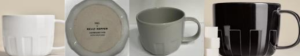 An image of 3 cups in white, taupe and black and an image of the base of a cup.