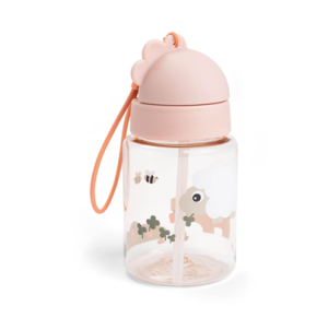 A pink children's water bottle with a rounded lid and an orange carry strap. The clear body of the bottle features playful illustrations of a sheep, clovers, and a small bee, with a built‑in straw visible inside.