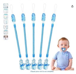 Five blue baby dummy clips displayed alongside an infant wearing a blue outfit