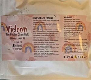 Packaging of Vicloon pacifier chain belt showing product name, material details, and usage instructions
