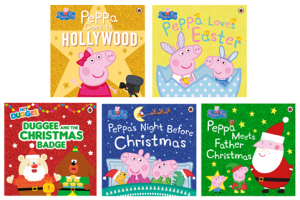Five different coloured cover pages of Peppa Pig and Hey Duggee picture books