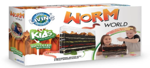 Image of the product packaging for the Living World Worm World kit. There is an image of the product on the packaging with two children playing with it.