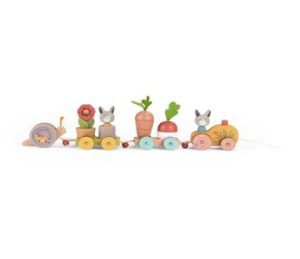 Small toy pull along train with a snail, rabbits and vegetables