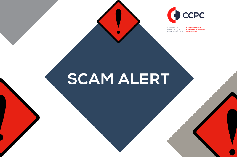 A graphic with a navy diamond shape with Scam Alert written in the centre. It's surrounded by red warning signs.