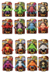 Multiple Stretcherz toys displayed in individual blister packs, showing a variety of colorful stretchy creature characters including gorilla‑like, lizard‑like, octopus‑like, shark‑like, and other monster‑style figures in assorted colours.