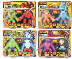 Four Stretcherz twin packs displayed in packaging, each containing two colorful stretchy creature characters, including combinations of lizard‑like, gorilla‑like, wrestler‑style, octopus‑like, shark‑like, and other monster‑style figures.