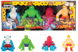 A 4‑pack of Stretcherz toys displayed in and out of packaging, featuring colorful stretchy creature characters including a shark‑like figure, a lizard‑like figure, an octopus‑like figure, and a wrestler‑style figure.